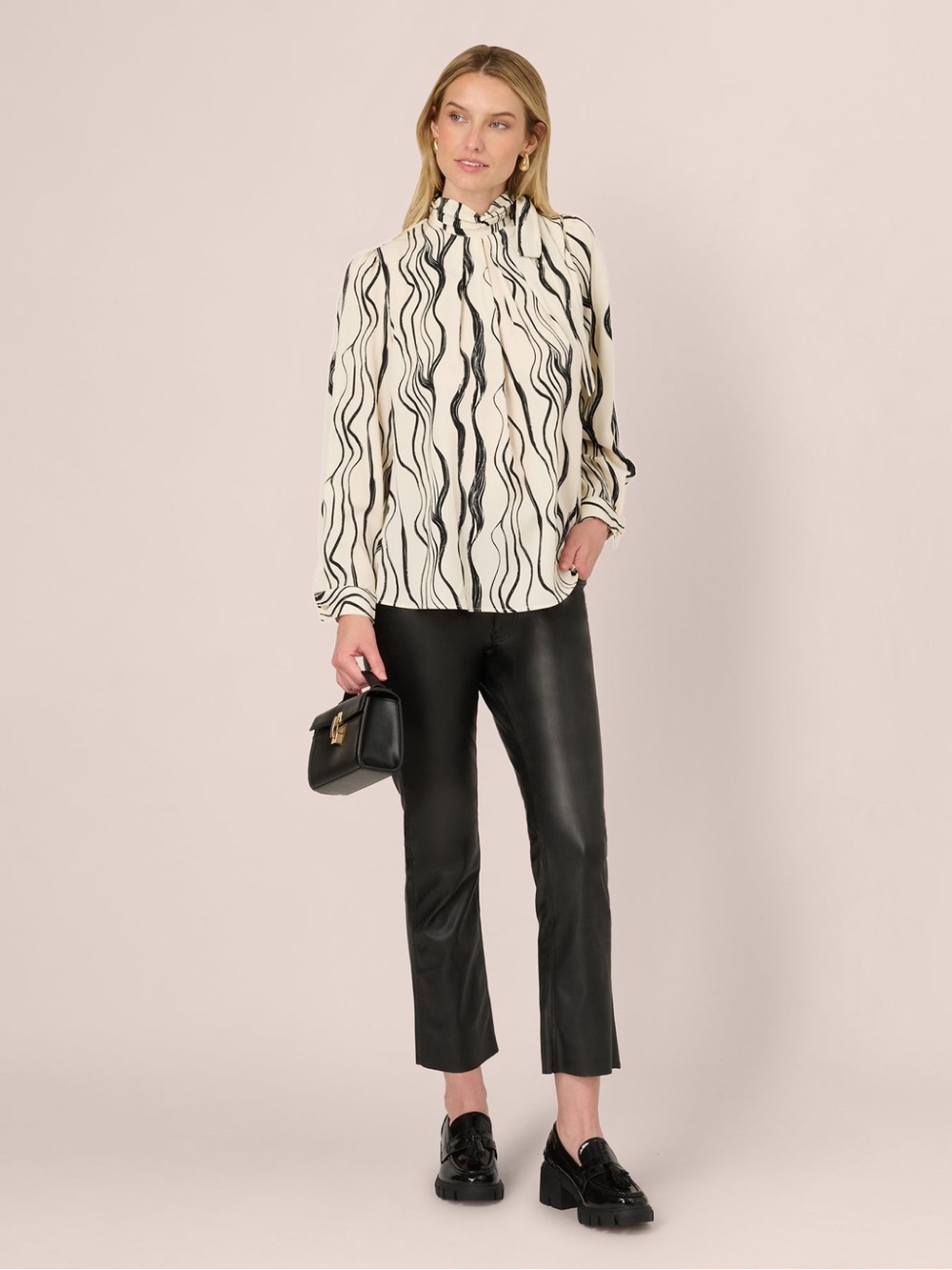 Adrianna Papell Ivory & Black Abstract Brush Tie-Neck Blouse | Small - Picture 2 of 14